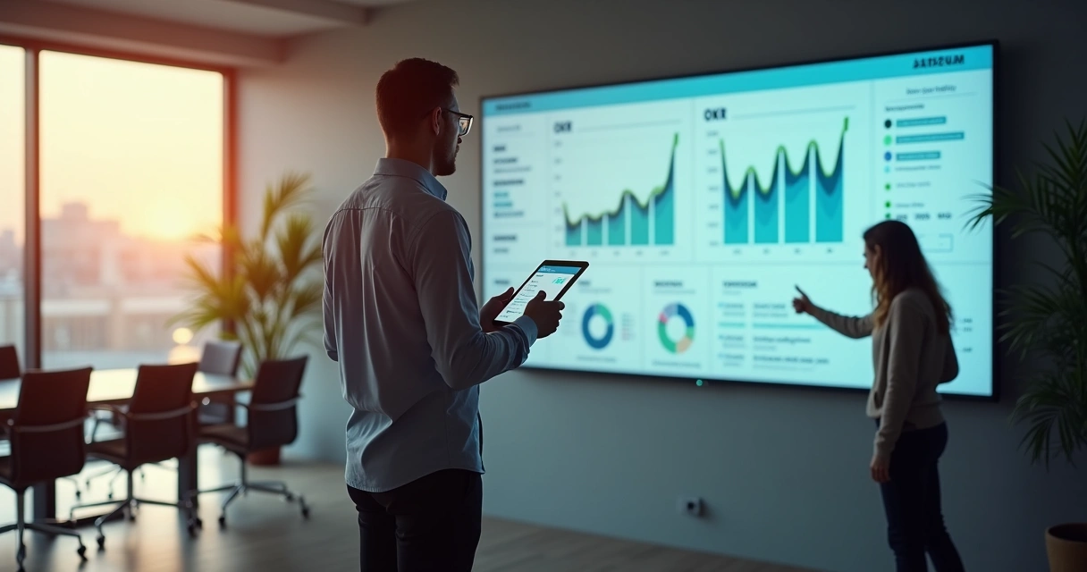 Gestor de pequena empresa analisando dashboard de OKRs e métricas em tela grande no escritório 