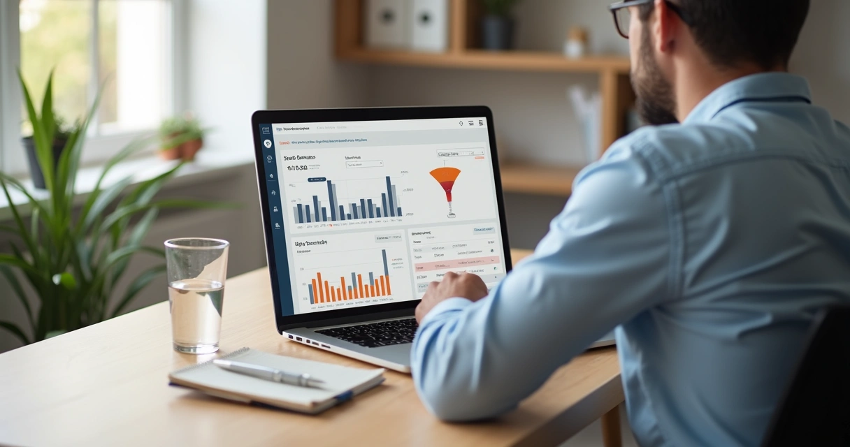 Gestor de PME analisando dashboard de vendas em notebook com gráficos claros 
