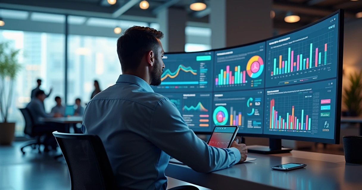 Gestor operacional analisando dashboard digital com gráficos e indicadores de desempenho em escritório moderno 