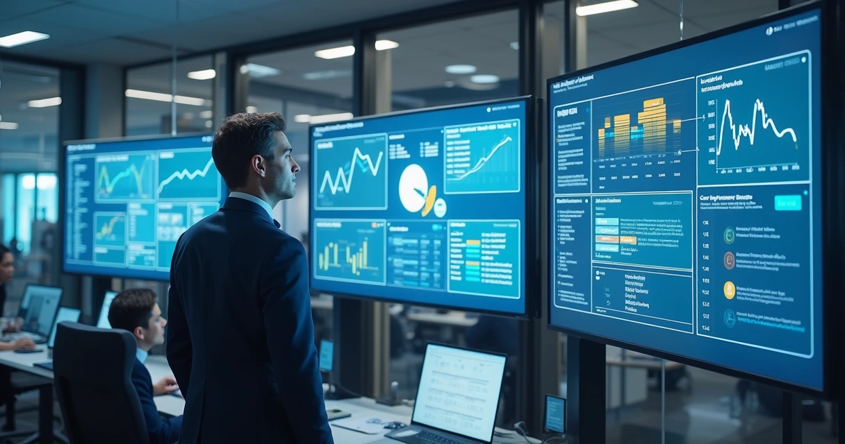 Gestor de operações bancárias analisando painéis digitais de IA 