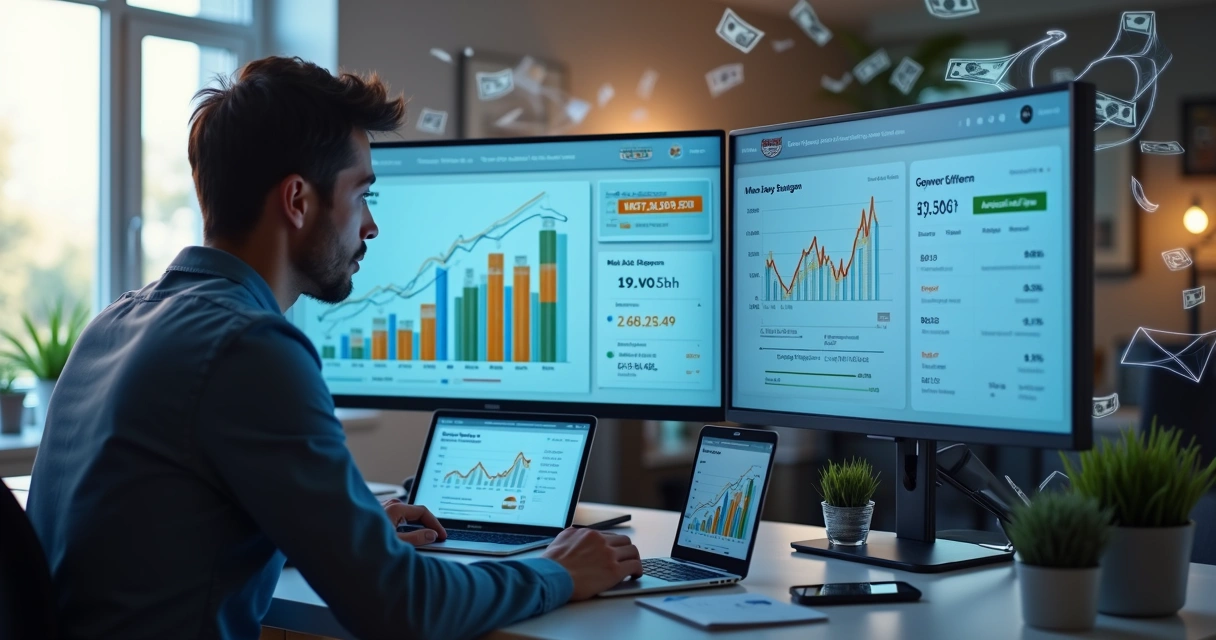 Pessoa analisando gráficos de orçamento em dashboard digital com campanhas de anúncios online 