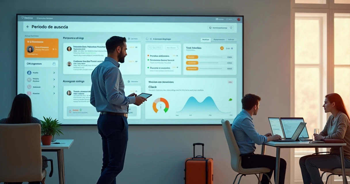 Gestor de PME organizando cobertura de licença em painel digital com indicadores 