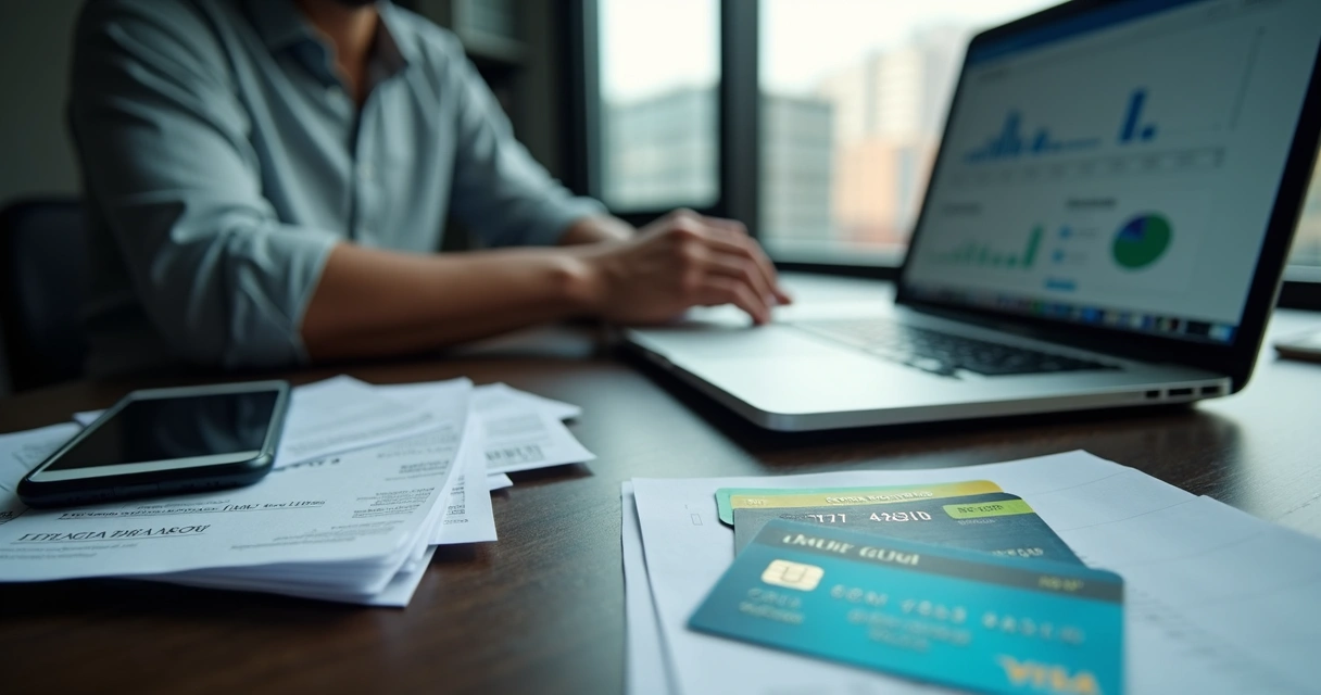 Gestor de pequena empresa organizando contas bancárias no laptop com vários cartões separados sobre a mesa 