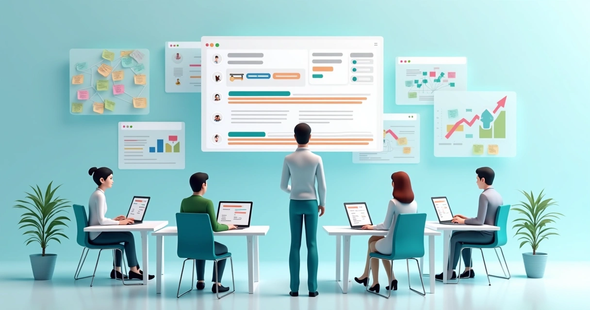Gestor em painel digital organizando demandas da equipe em ambiente de escritório moderno 