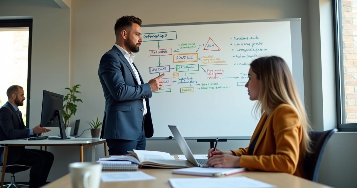 Gestor orienta estagiário frente a quadro branco com processo desenhado 