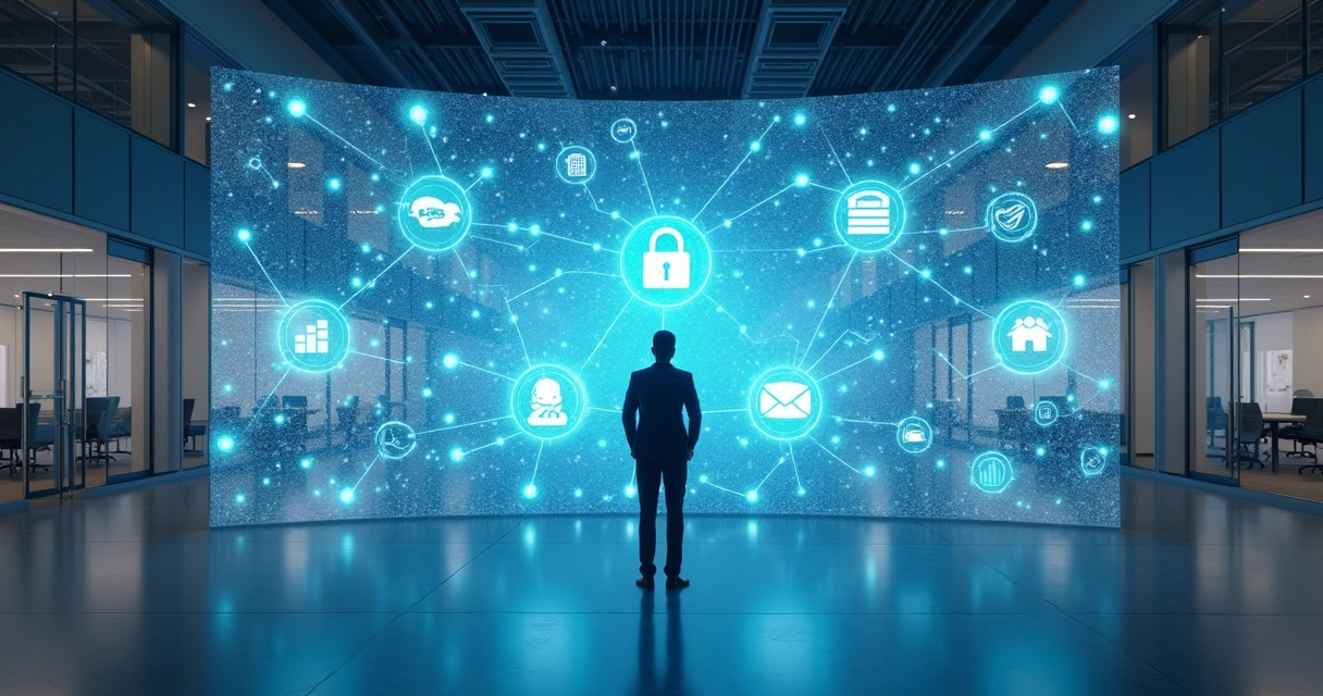 Pessoa controlando painéis digitais de automação integrando setores 