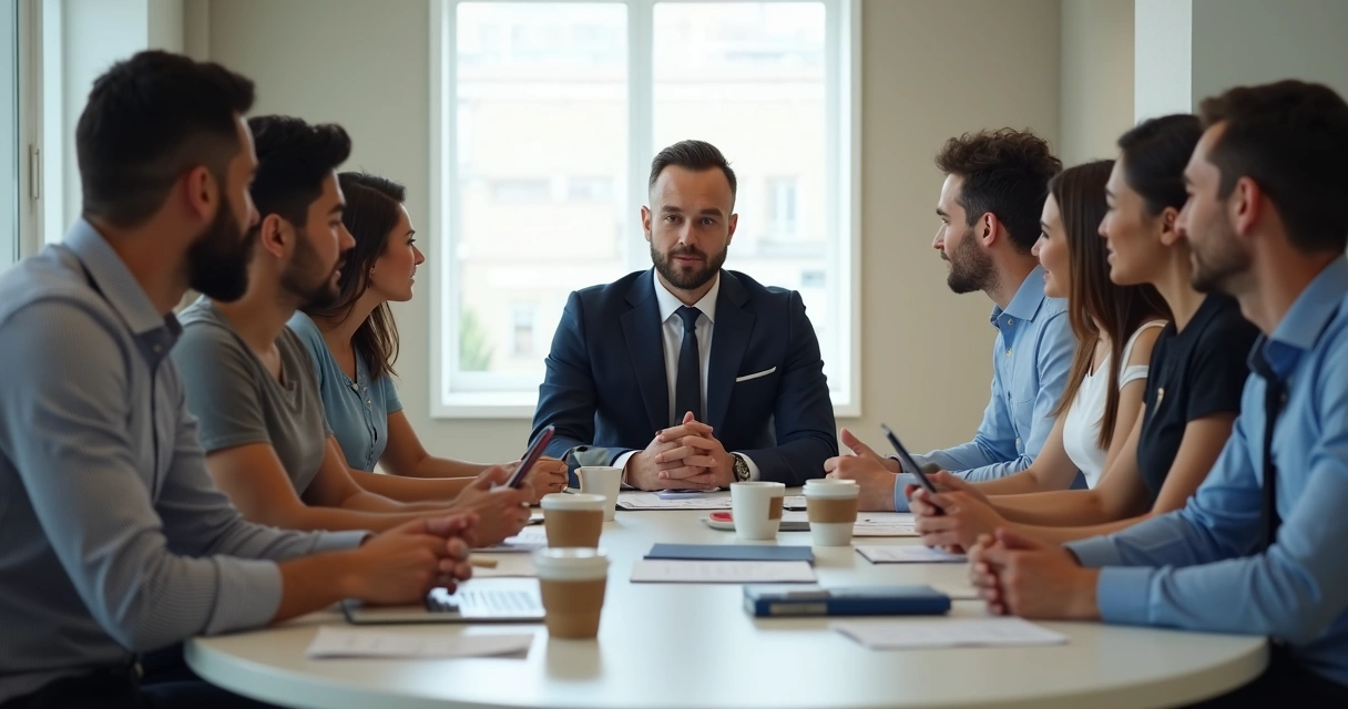 Gestor sentado à mesa ouvindo atentamente equipe diversificada 