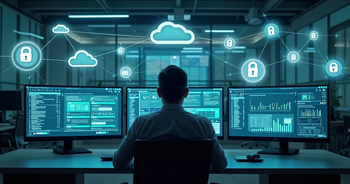 Gestor observando painéis digitais com controle de acesso por função 