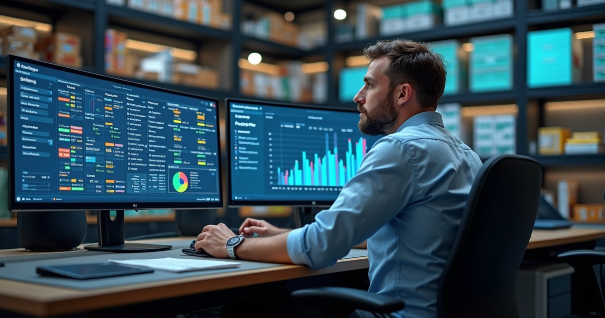 Gestor de varejo analisando painel de controle do ERP com gráficos 