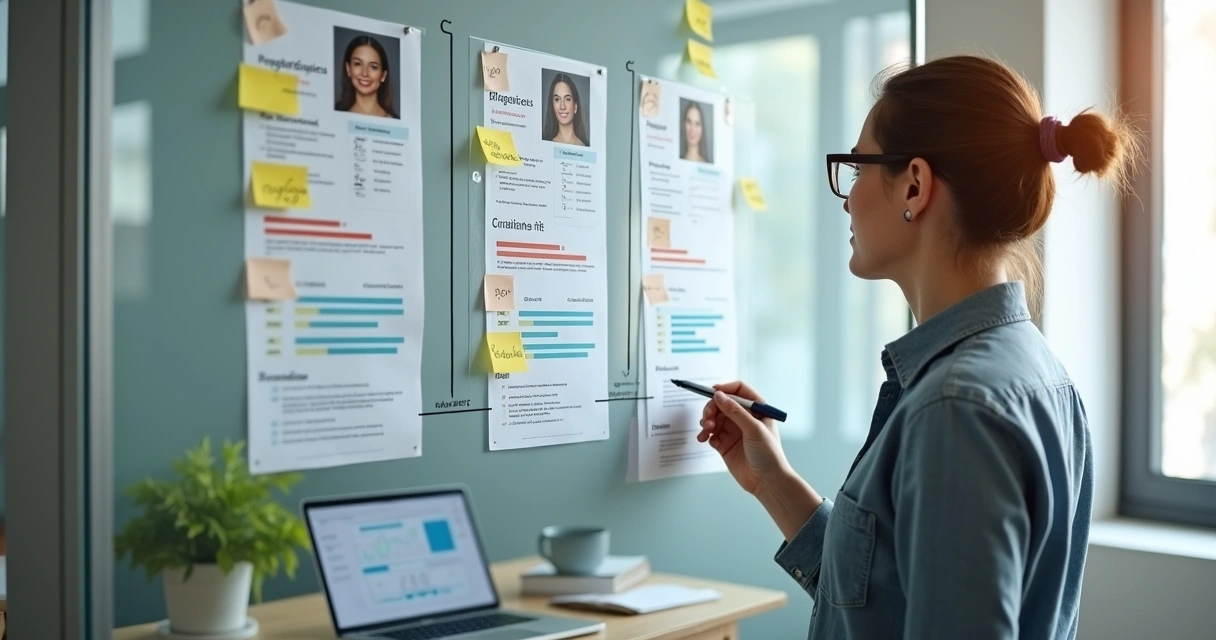 Gestor de RH avaliando candidatos em painel com indicadores simples de contratação 