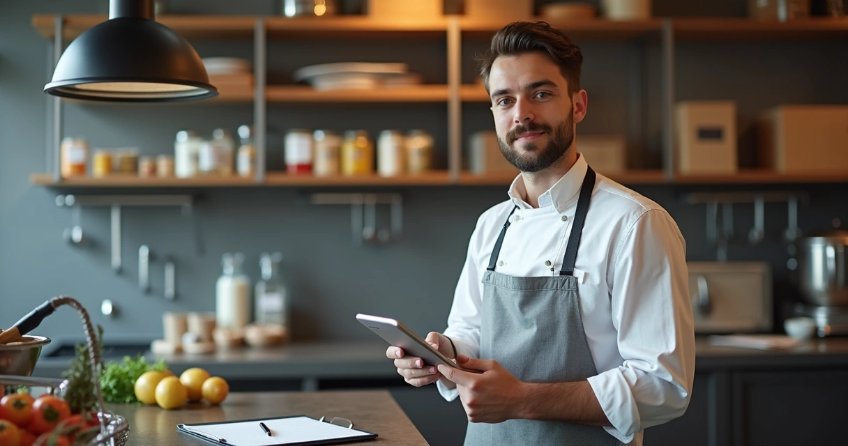 Gestor analisando painel de estoque em tablet na cozinha 