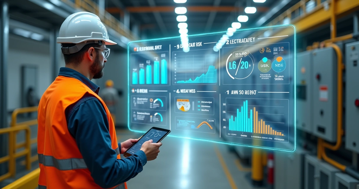 Gestor industrial analisando painel digital com indicadores de segurança 