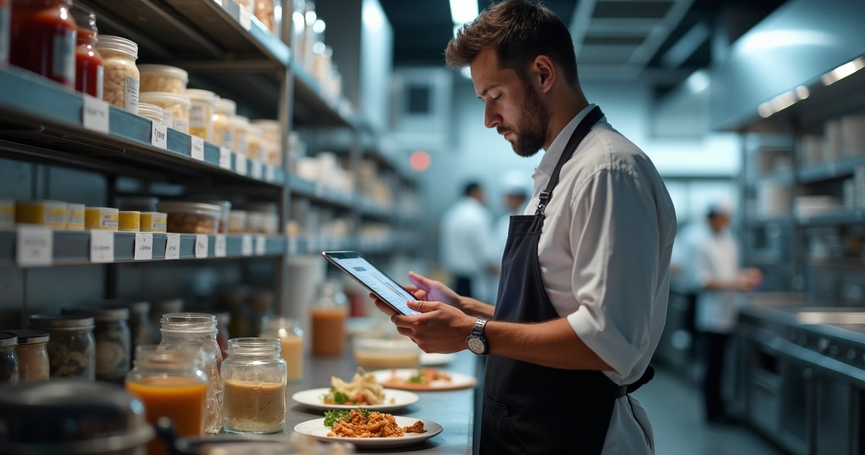 Gestor consultando painel de rastreabilidade em tablet na cozinha 