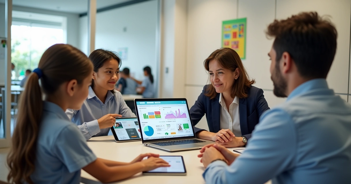 Gestor escolar, pais e criança analisando painel digital da cantina 