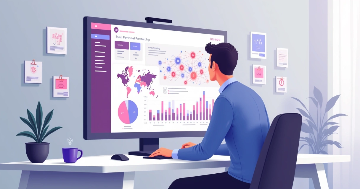 Profissional de parcerias analisando dashboard em mesa de escritório 