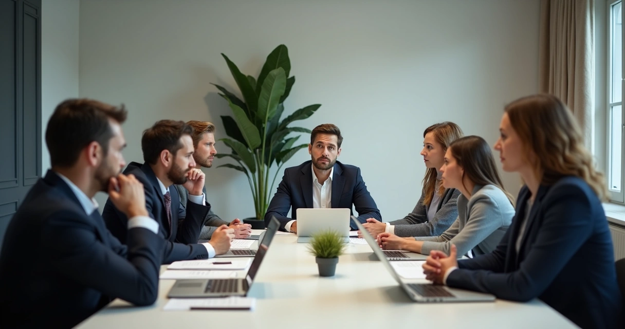Gestor e equipe em reunião, momento de pausa e silêncio reflexivo 