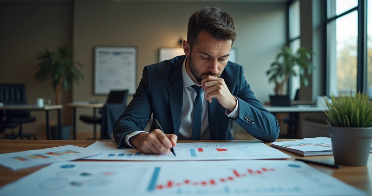 Gestor olhando demonstrativo de vendas caindo 