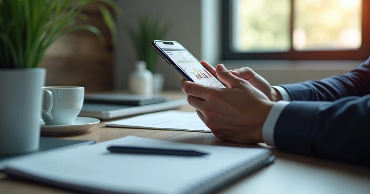 Gestor de pequena empresa analisando gráficos no celular
