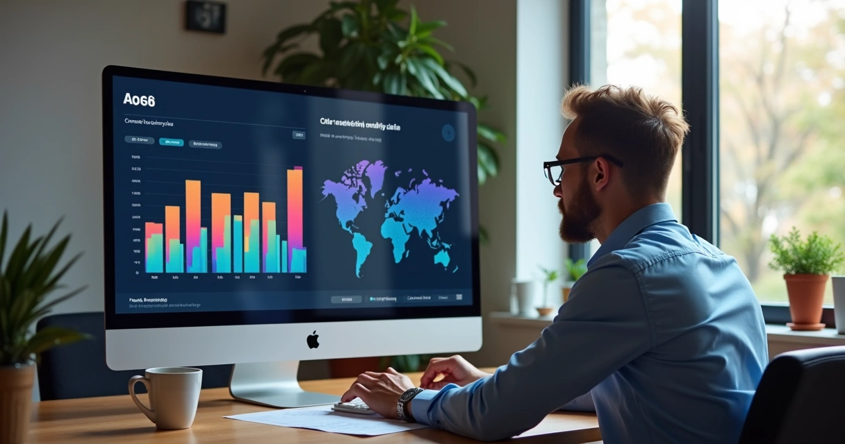 Gestor de pequena empresa analisando gráficos de marketing na tela do computador 