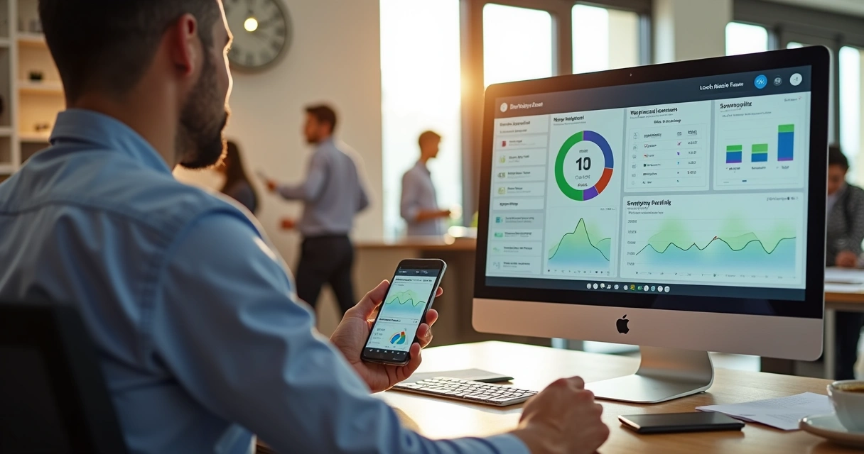 Gestor de pequena empresa analisando controle de horários em painel digital 