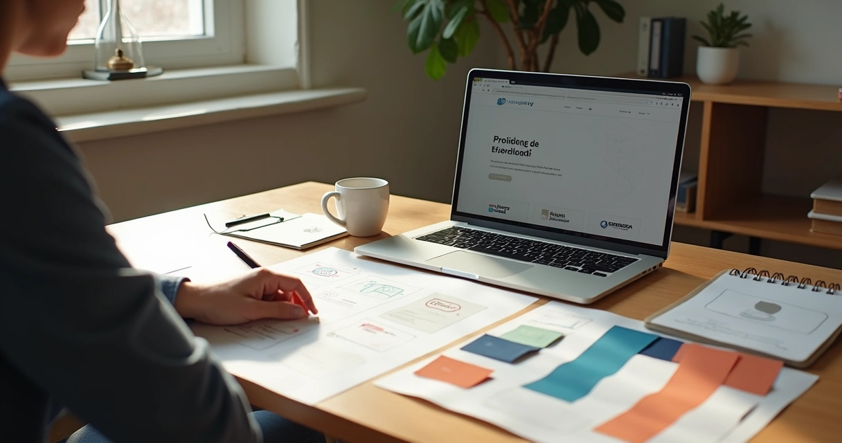 Dono de pequena empresa analisando elementos da identidade de marca sobre mesa de madeira 