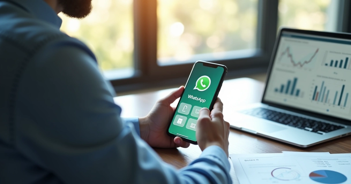 Gestor usando WhatsApp no escritório enquanto consulta relatórios financeiros 