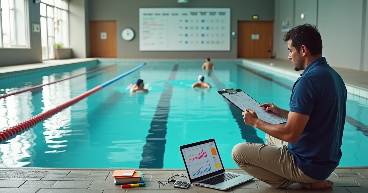 Gestor de escola de natação à beira da piscina analisando planejamento financeiro 