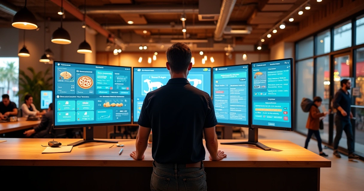 Gestor de pizzaria controlando pedidos de salão e delivery em tela com sistema integrado 