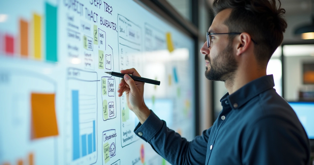 Empresário desenvolvendo plano de IA em quadro branco 