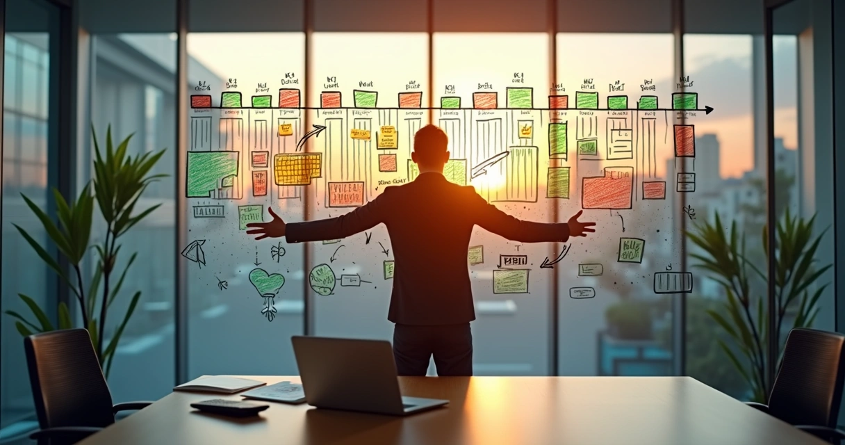 Gestor de projetos analisando linha do tempo de fluxo de caixa em quadro digital 