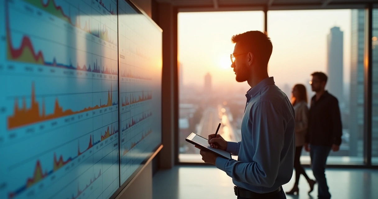 Gestor analisando dados em tela e planejando dia com equipes 
