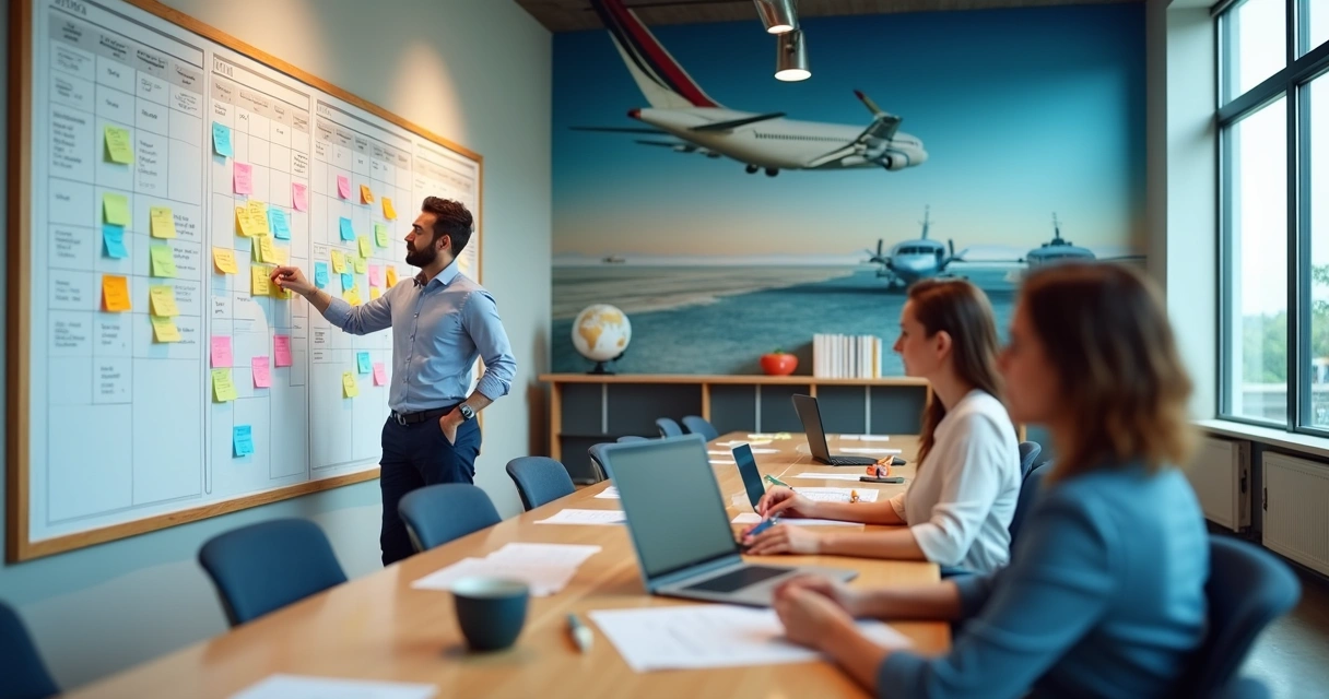 Gestor de agência de viagens organizando escala de trabalho em quadro no escritório 
