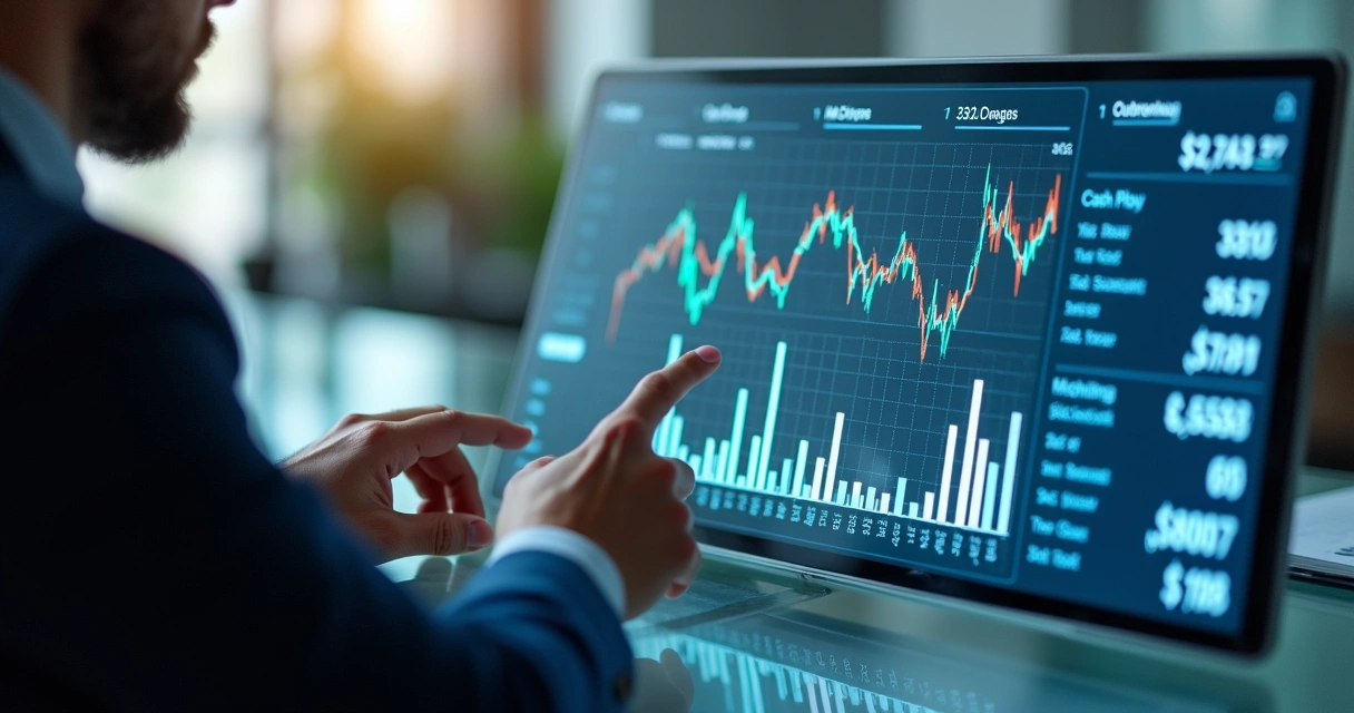 Gestor financeiro analisando relatorios em painel digital 