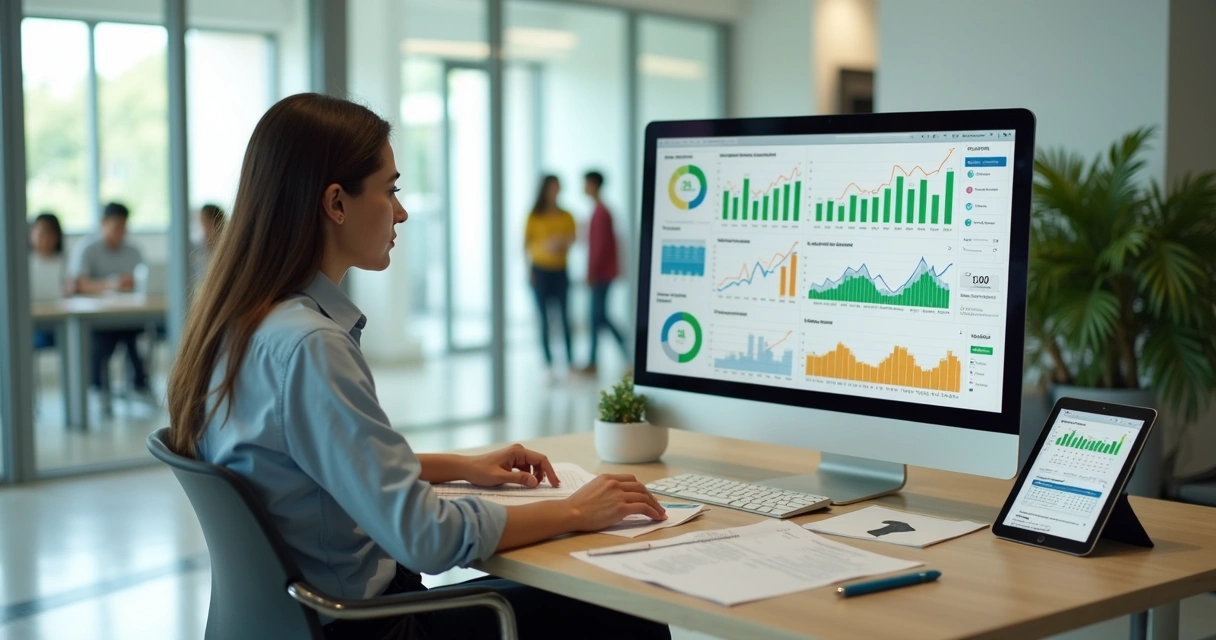 Gestor escolar analisando painel digital de matrículas em ambiente moderno de escola privada 
