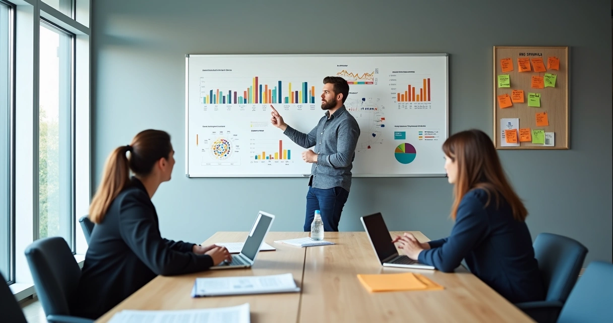 Gestor planejando metas estratégicas com KPIs em um quadro branco