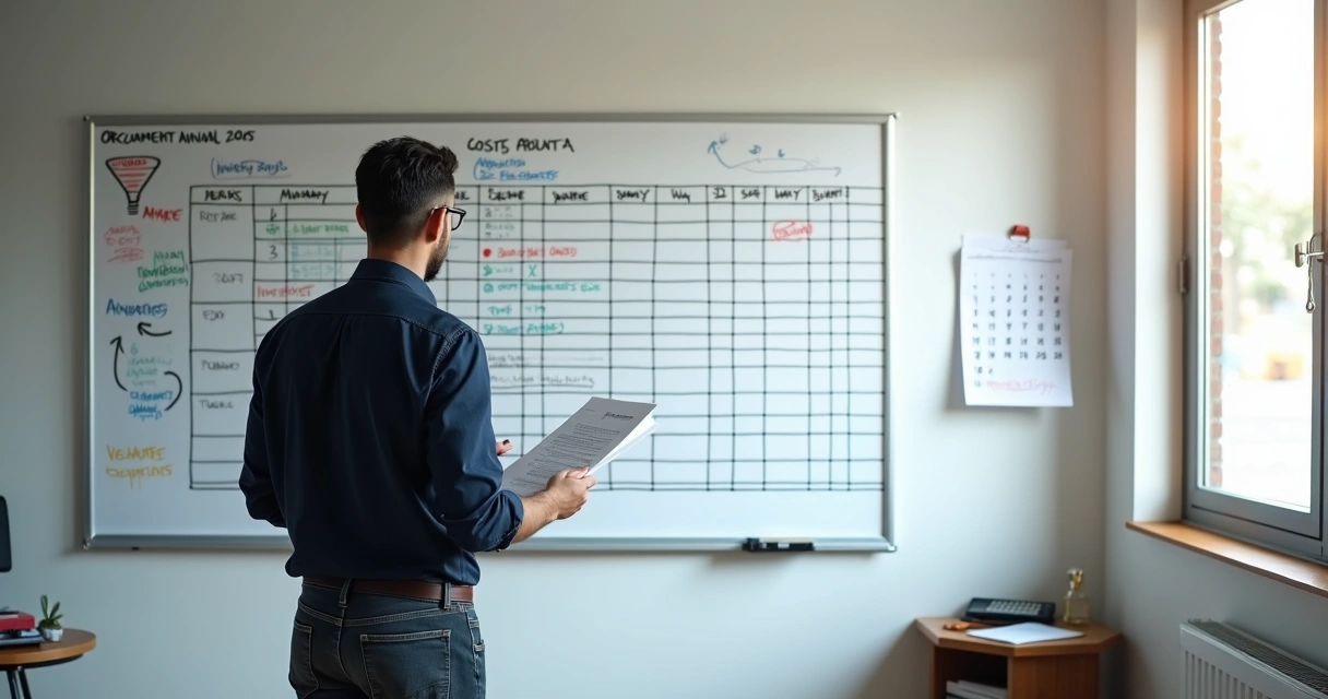 Gestor de PME em pé montando orçamento anual em quadro branco com calendário e números 