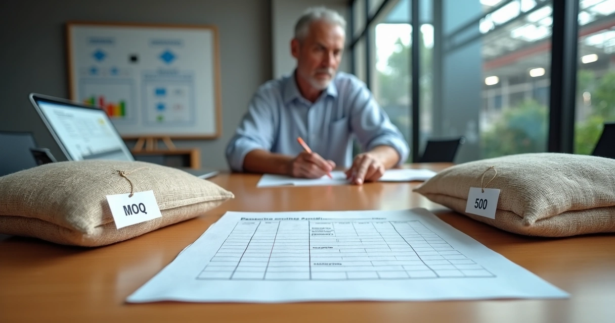 Gestor avaliando quantidade mínima de pedido de sacos industriais em escritório moderno 