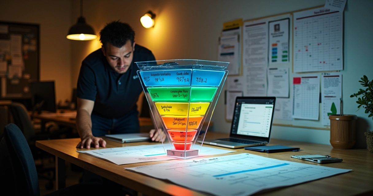 Gestor organizando previsao de vendas com funil e calendario na bancada 
