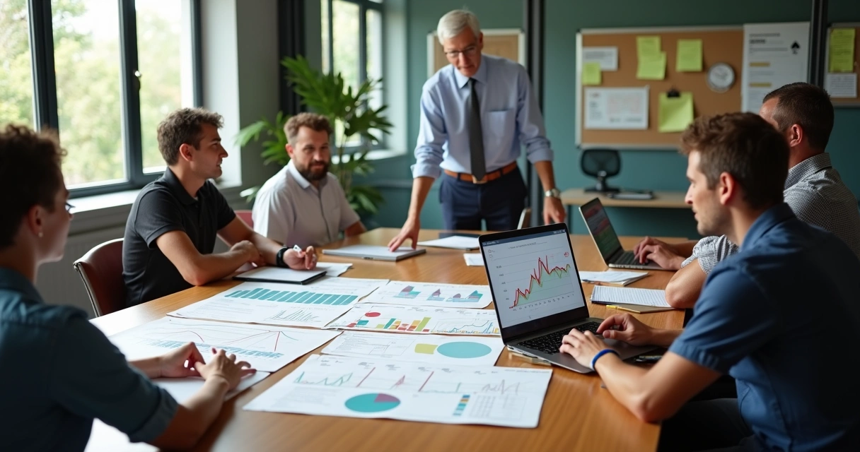 Gestor de pequena empresa reunido com time ajustando escala em meses sazonais 