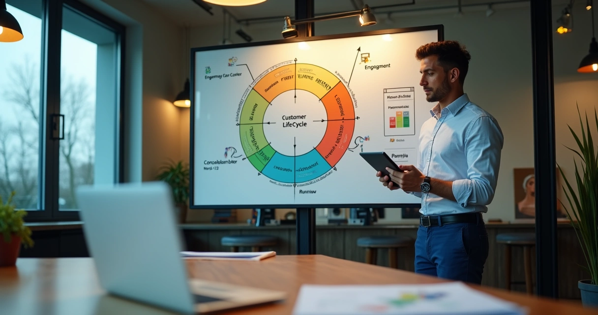 Gestor em escritório desenhando funil de upsell alinhado ao ciclo de vida do cliente 