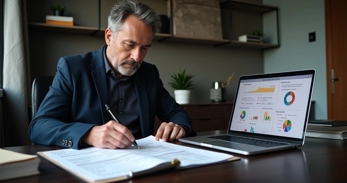 Gestor de plano funerário analisando contratos e indicadores em escritório discreto 