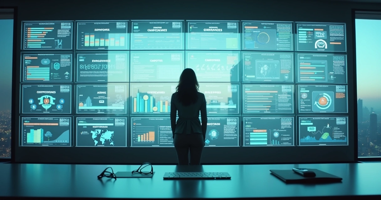 Gestora observando mural digital com diferentes empresas conectadas à mesma plataforma de cursos 