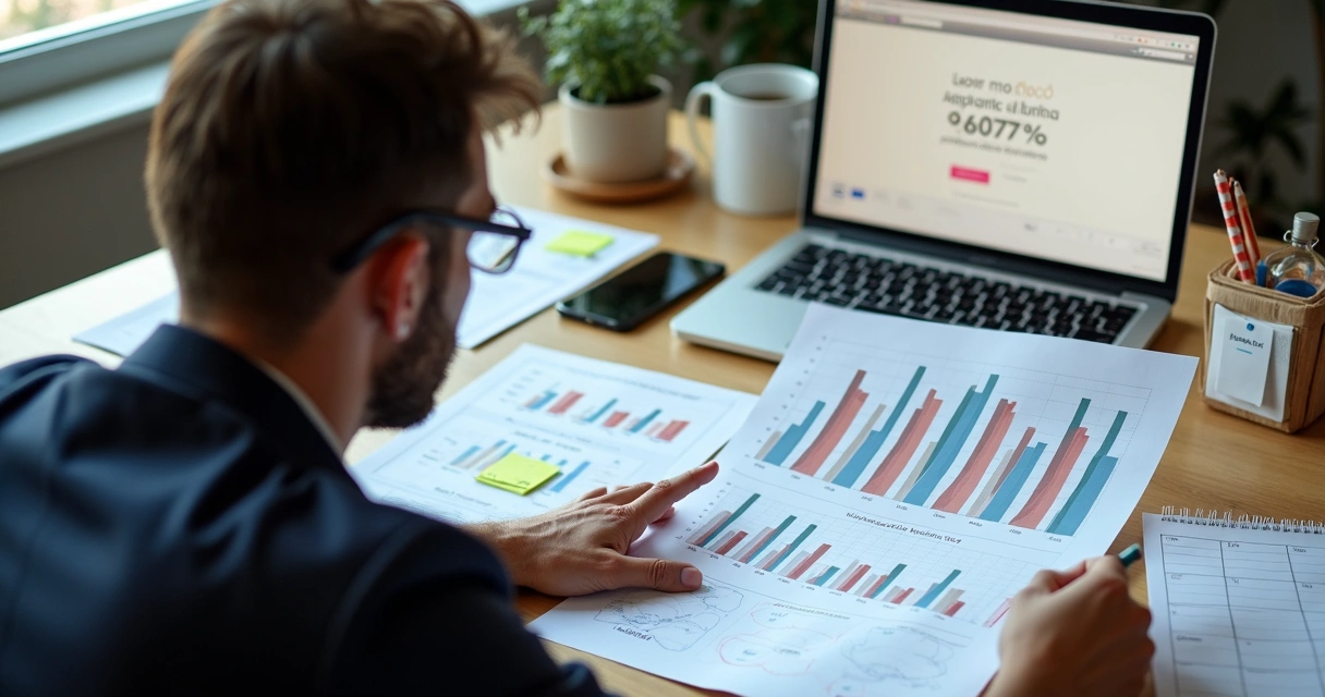 Gestor PME analisando relatórios de pesquisa de preço na mesa 