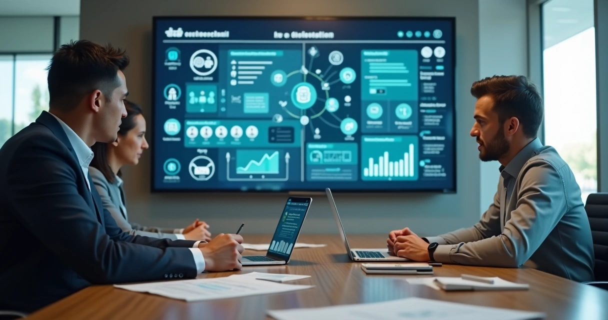 Gestor de PME comparando automação interna e terceirização em painel digital dividido 