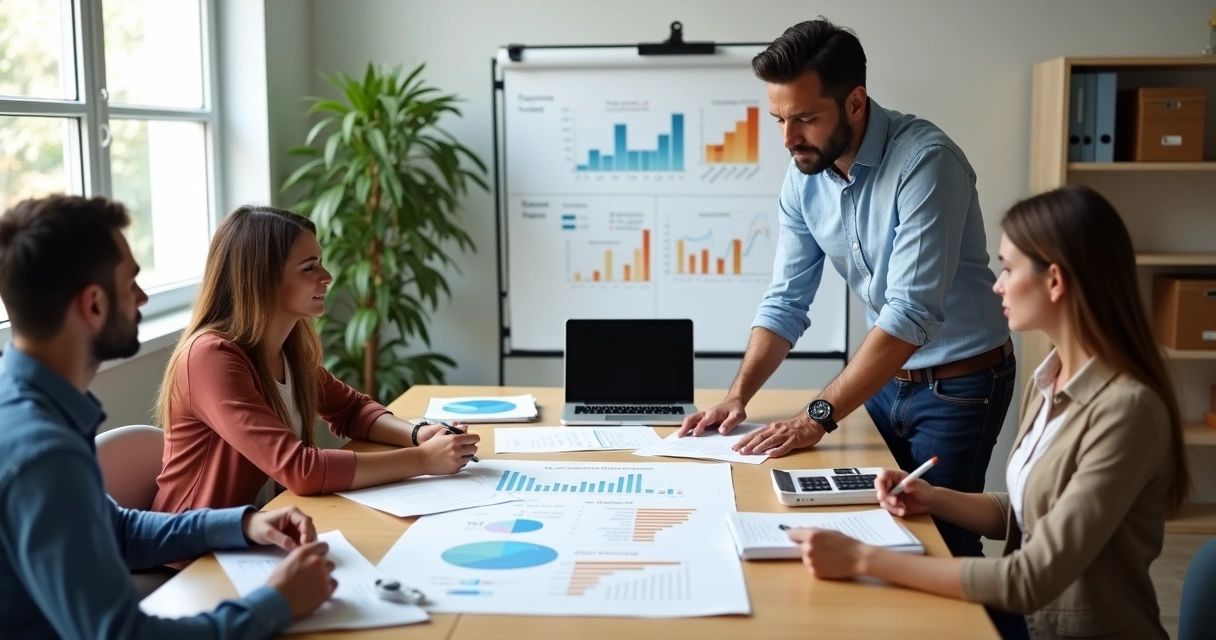 Gestor de PME e equipe analisando gráficos de vendas impressos em sala de reunião simples 