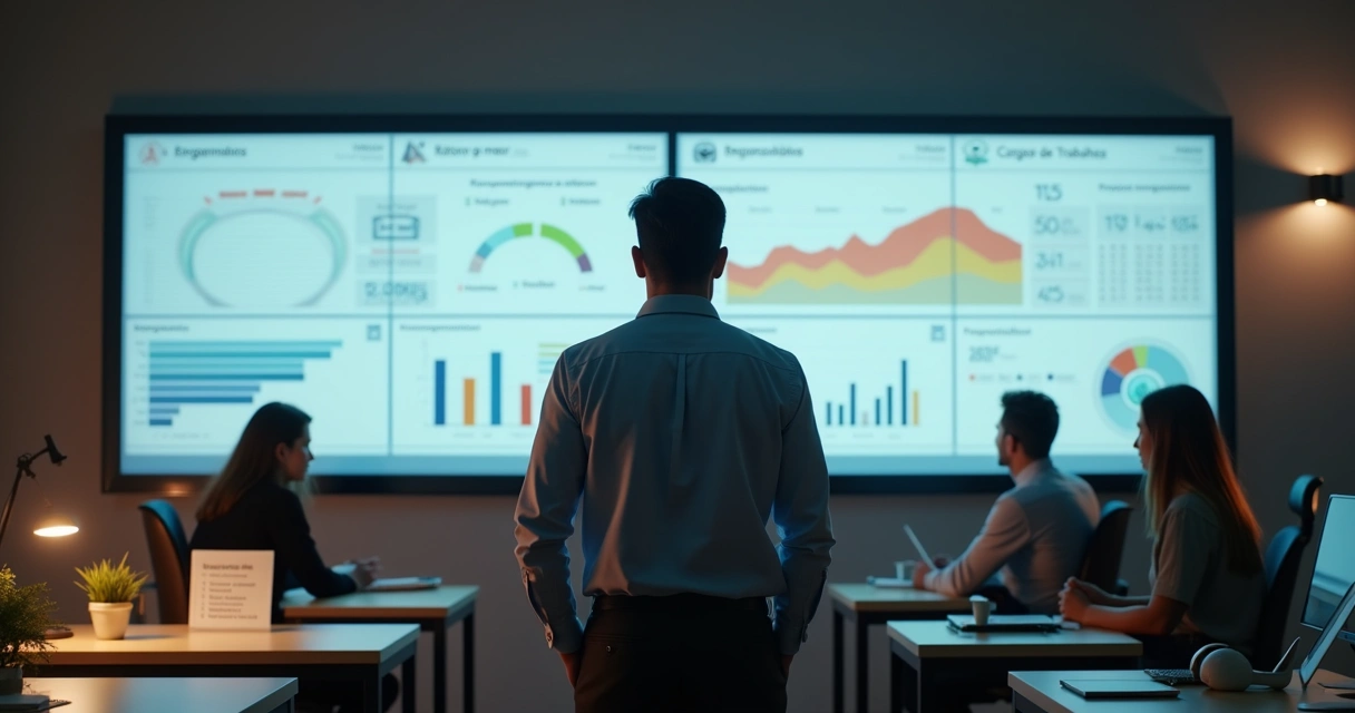 Gestor de PME observa painel que equilibra metas e bem-estar dos colaboradores 