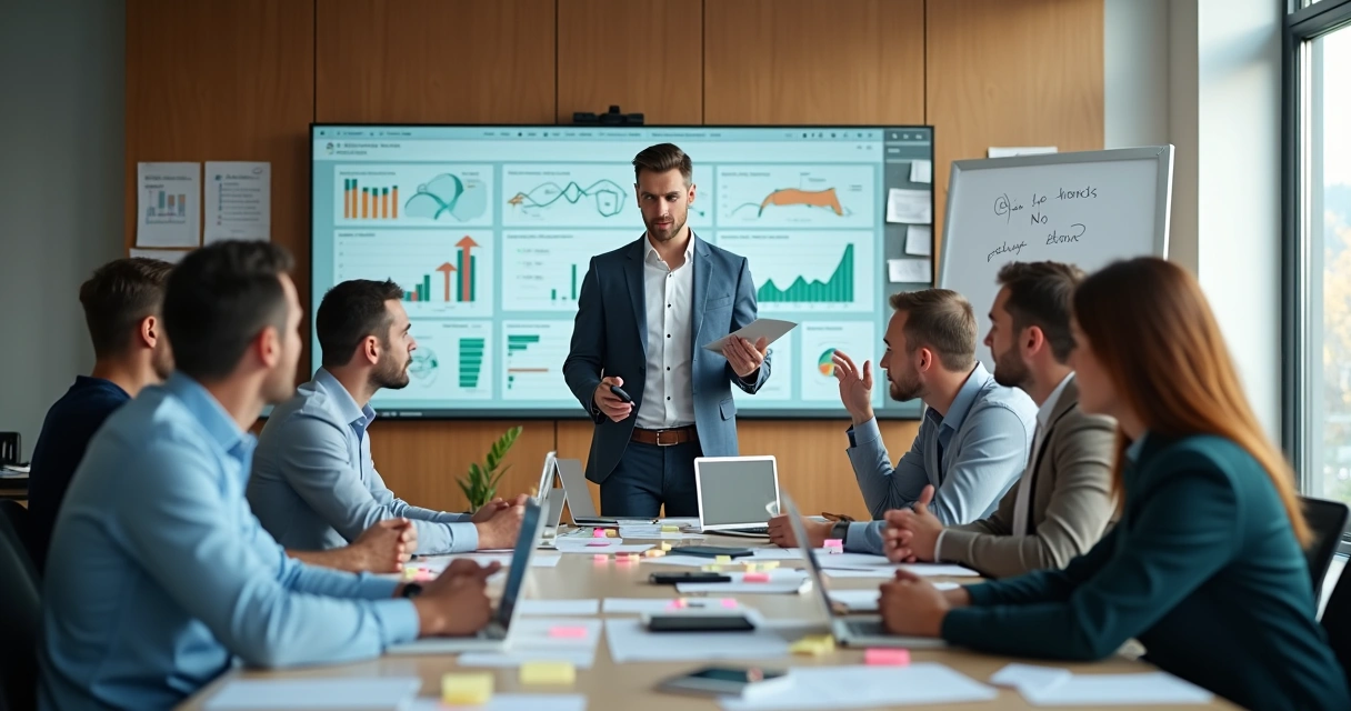 Gestor de PME em reunião caótica com equipe desalinhada em sala de escritório 