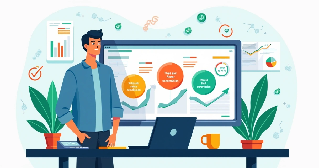 Gestor de PME analisando plano de remuneração variável de vendas em gráficos e planilhas 