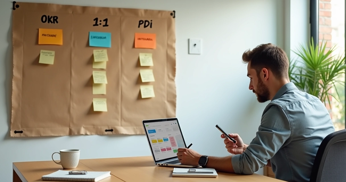 Gestor de PME sozinho em mesa de reunião criando quadro simples de OKR sem RH 