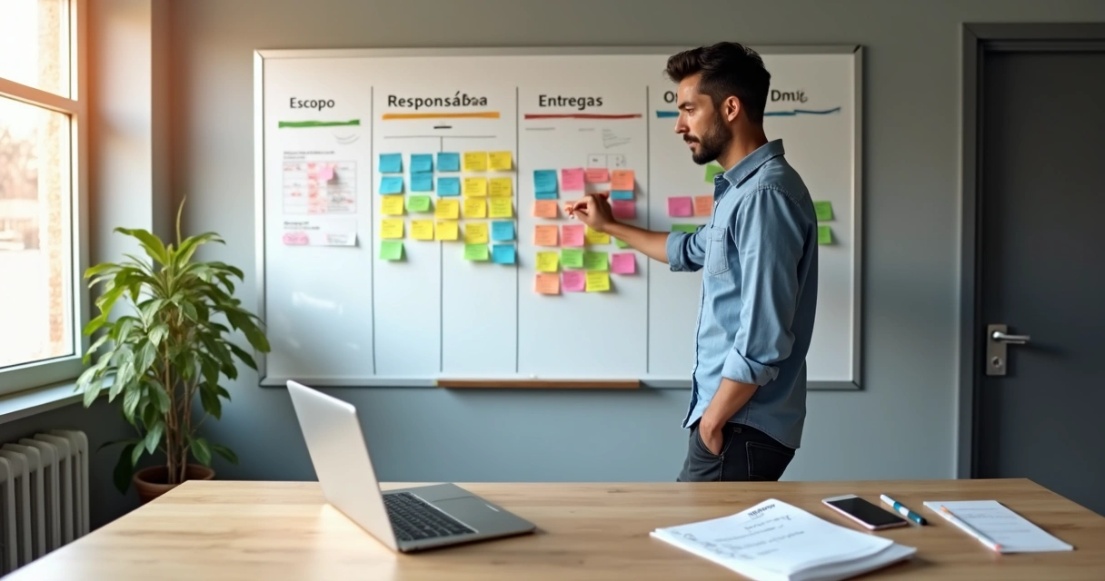 Gestor de PME organizando cronograma de projeto em quadro com post-its e linhas 